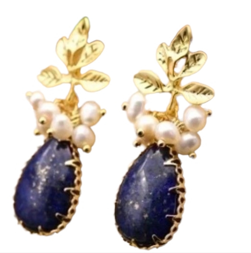 Stylish Fresh Water Pearl & Sodalite Gold Teardrop Earrings - Picture 3 of 5